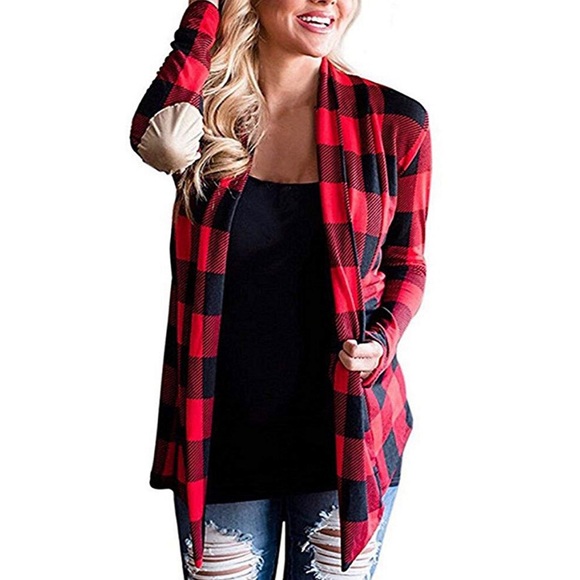 joybuy Sweaters - Buffalo Plaid Cardigan | Long Sleeve | Faux Leather Elbow Patch | Open Front